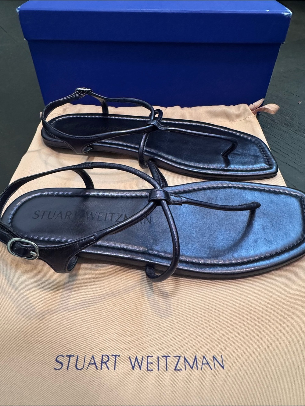 Stuart Weitzman Navy Leather T-Strap Sandals